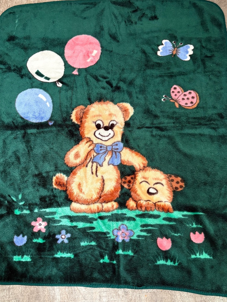 Vintage Bear Puppy Dog Balloons Blue Lux Throw Baby Blanket Plush